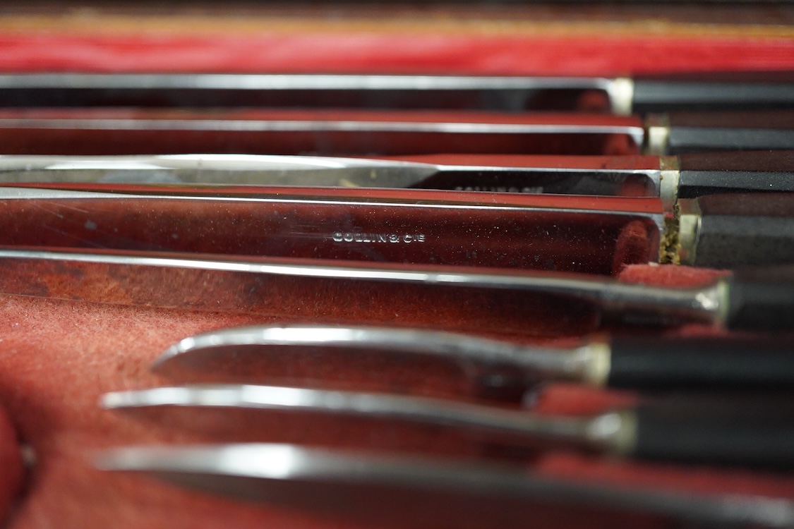 A 19th century surgeon’s set by Collin & Cil., Paris, in a fitted mahogany case, comprising of steel surgeons instruments; knives, scalpels, scoops, tourniquet, saws, rasps, some instruments stamped with maker’s name, wi